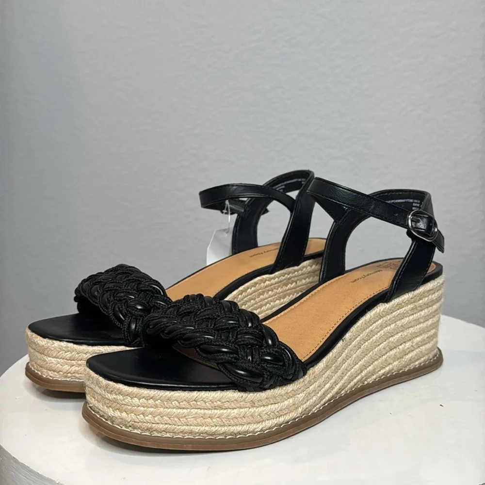 TIME AND TRU WOMENS BLACK BRAIDED ANKLE STRAP ESPADRILLE PLATFORM WEDGES **NWT**